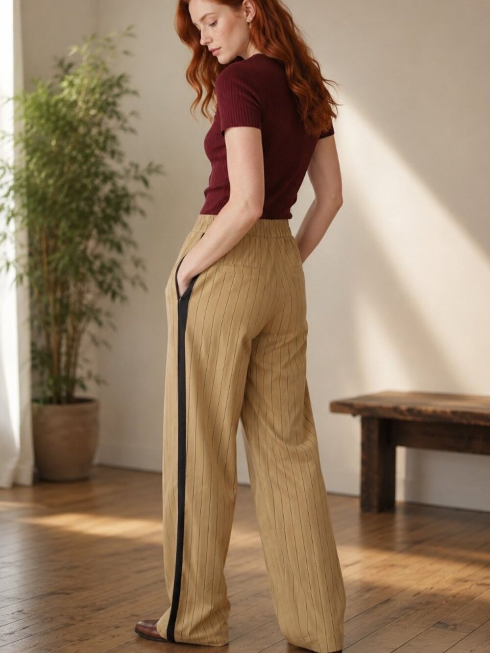 La Ligne x Target Tan Black Pinstripe Wide Leg Trousers Pants M NWT